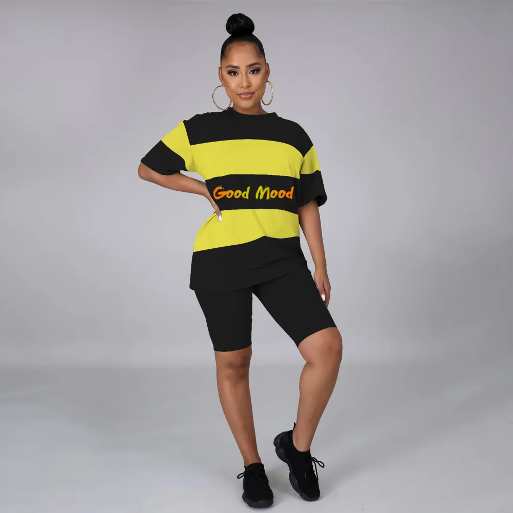 

Casual Two Piece Set Women Striped Short Sleeve O-neck Loose Long T-shirts Solid Sheath Elastic Shorts Sportswear Summer