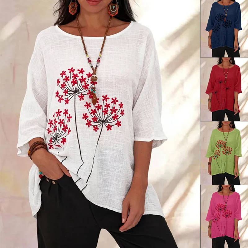 

2021 Summer New Hot Sale Ladies Casual Printed Round Neck Mid-Sleeve Female Tops Loose Solid Color Pullover T-Shirt