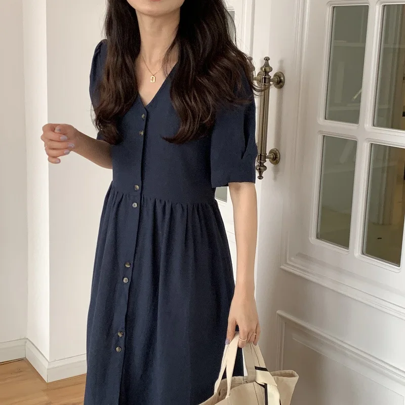 

2021 French gentle temperament V-neck single-breasted loose and thin lace-up dress three colors woman dress