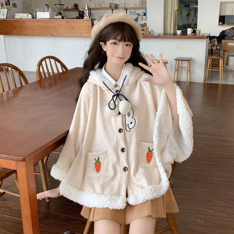 Плащ женский с капюшоном и ушками кролика Мягкая шерстяная куртка в стиле