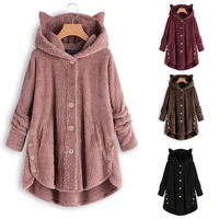 simple casual winter ladies coat button hooded cat ears jackets plush irregular solid color oversized overcoat warm women cute