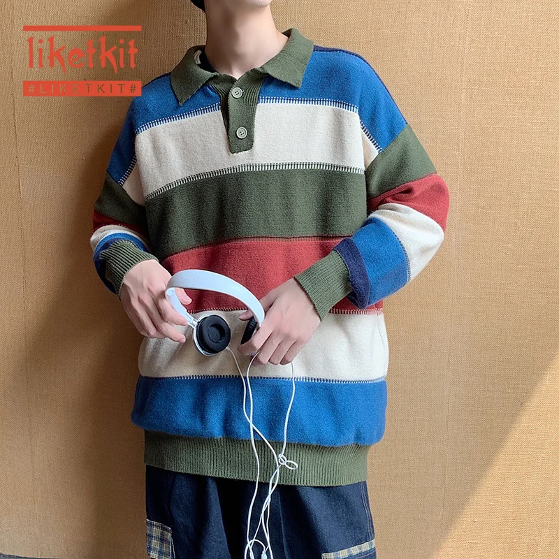 Liketkit Men Vintage Stipred Sweater for 2020 Spring Colorful Korean Couples Fashion Pullover Women Harajuku Clothes INS |