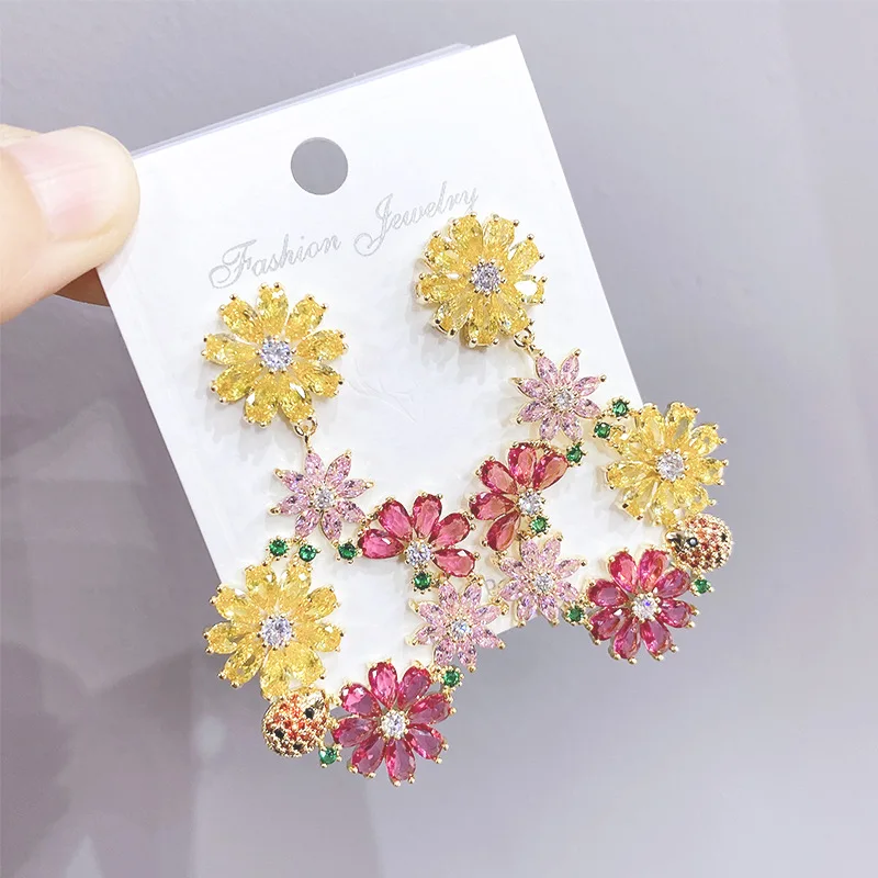 

Wholesale 3A Colorful Zircon Flower Cluster Earrings S925 Silvers Needle Female Mori Style Fairy Temperamental Eardrops Earrings