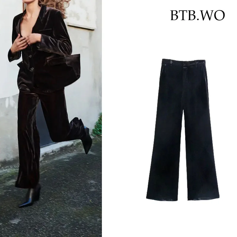 

BTB.WO Za 2021 Velvet Pants Women High Waist Wide Leg Pant Autumn Elegant Vintage Baggy Woman Pants Office Trouser Suits