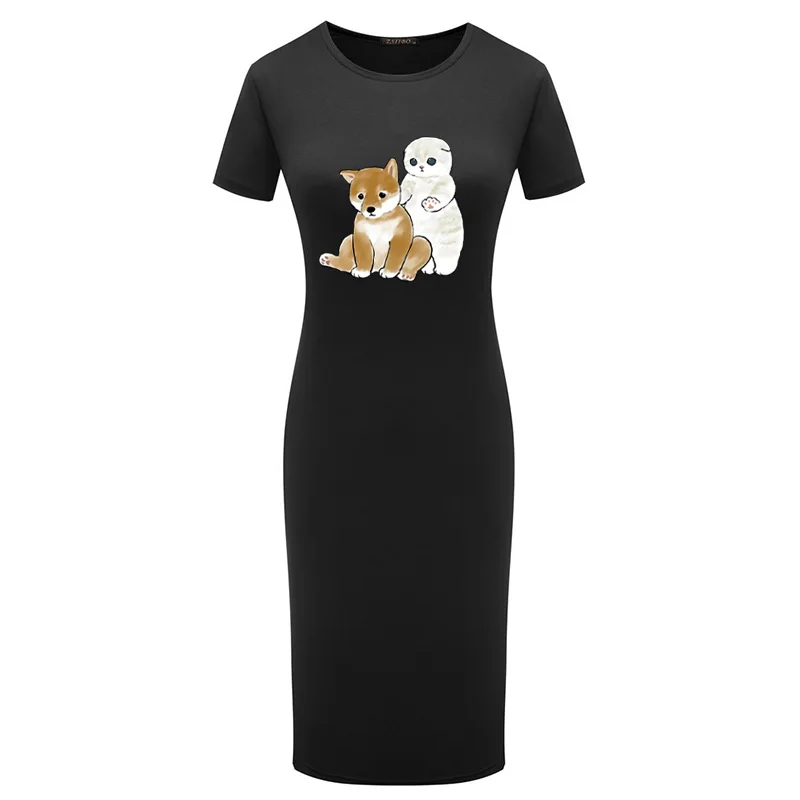 

Women Short Sleeve Bodycon Dress Sexy Elegant Party Summer Kawaii Cat Printing Pencil Dress Plus Size Vintage Robes Vestido