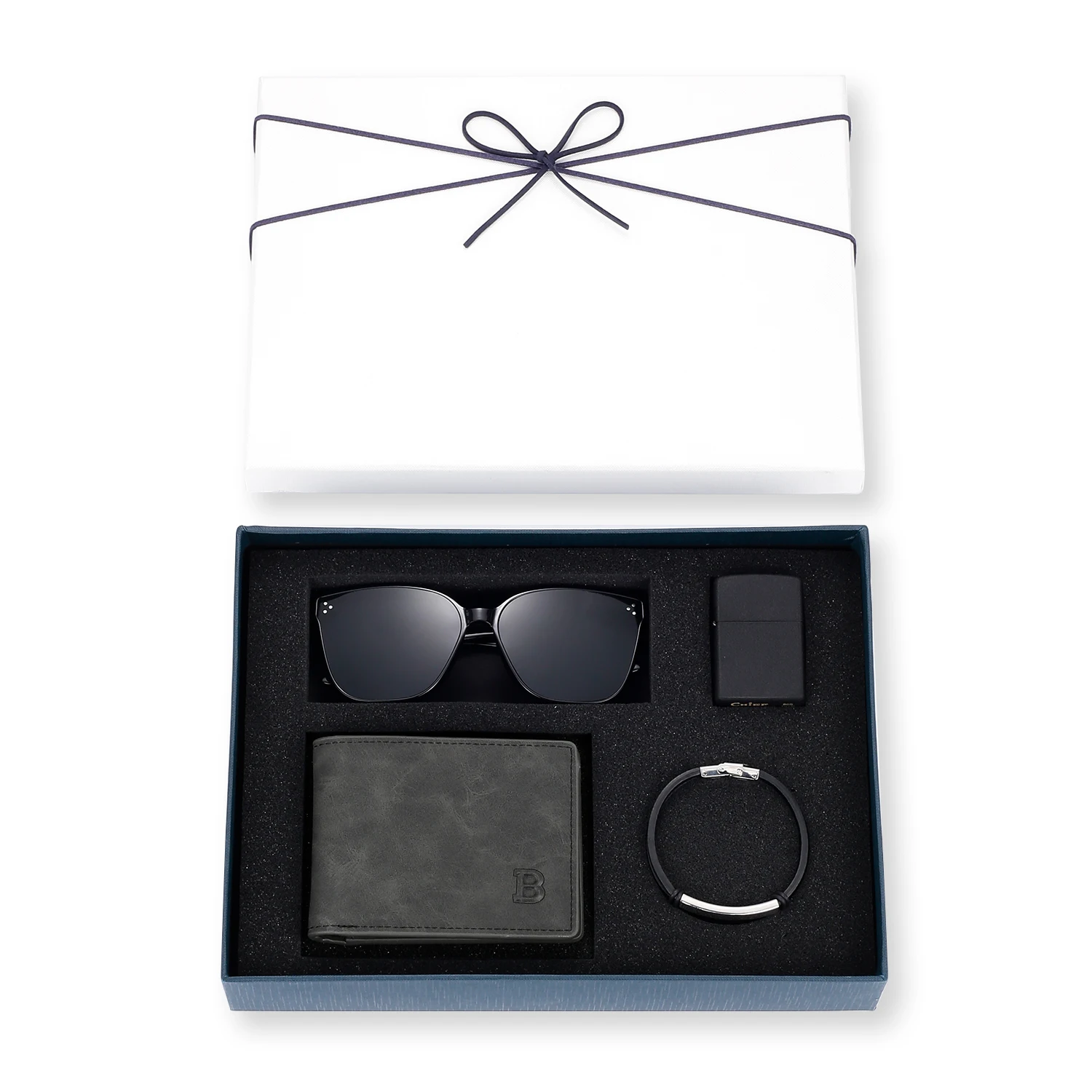 Customized Men’s Gift Box PU Leather Wallet Sunglasses Lighter Men’s Bracelet Four-piece Gift Box The Best Gift for Boyfriend
