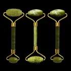 Новый натуральный нефритовый ролик с двойной головкой, массажер для лица из натурального камня, V-образный ролик для формирования лица, зеленый нефритовый ролик с шипами