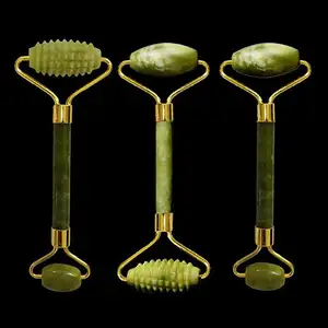 Новый натуральный нефритовый ролик с двойной головкой, массажер для лица из натурального камня, V-образный ролик для формирования лица, зеленый нефритовый ролик с шипами