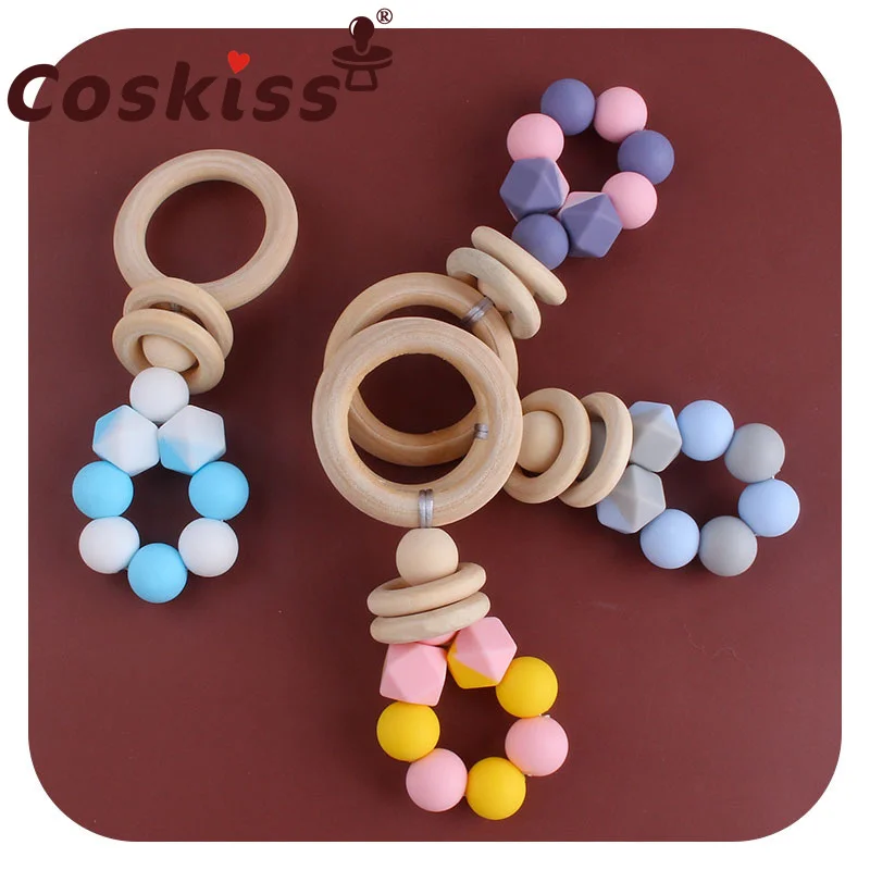 Coskiss-Anillo de madera Hemu con cuentas de silicona, juguete de chupete de dibujos animados, artesan&iacute;as de madera, accesorios para mordedores de beb&eacute;-0