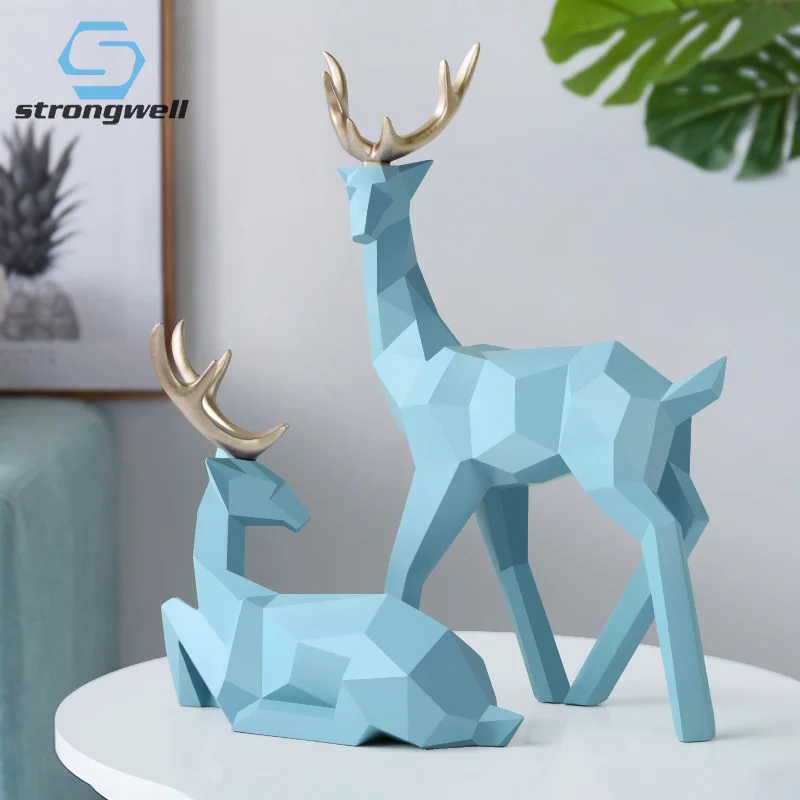 

Strongwell Nordic 3D Solid Geometry Lucky Deer Figurine Resin Office Desktop Mascot Statue Ornament Home Decor Gift 2pcs/set