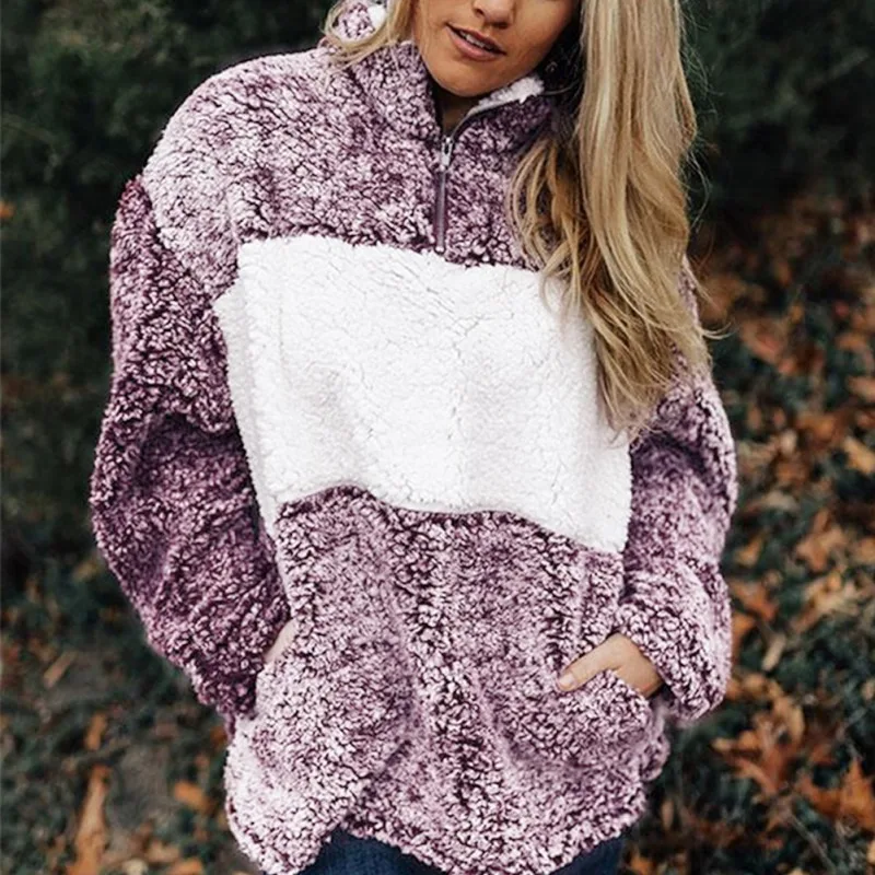 

Women Sweater Solid Color High Collar Pocket Long Sleeve Zipper Casual Warm Winter Autumn Loose Coats Hot Sale