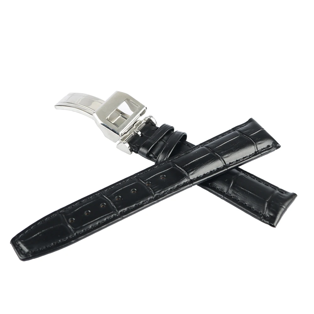 Rolamy  20 22mm  Real Calf Leather Black Brown Luxury Wrist Watch Band Strap With Silver Brushed Clasp For IWC Seiko Tudor