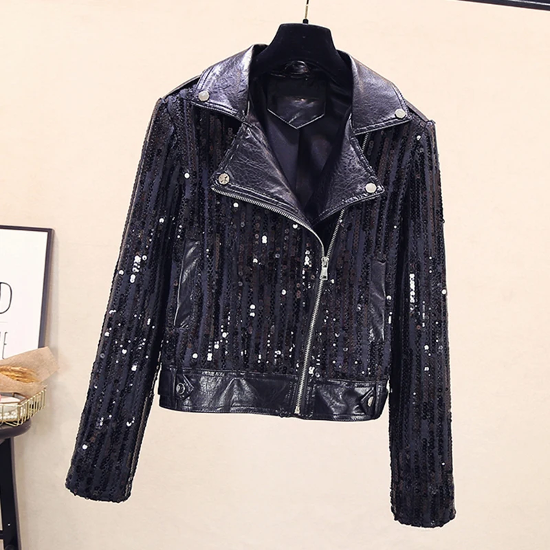 Женская короткая мотоциклетная куртка из ПУ кожи с блестками | одежда