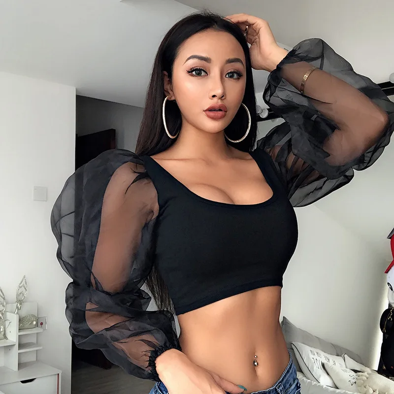 Fasgion Female T-shirt Vintage T Shirt Women Solid Color Mesh Stitching Short Streetwear Tops Long Sleeve | Женская одежда