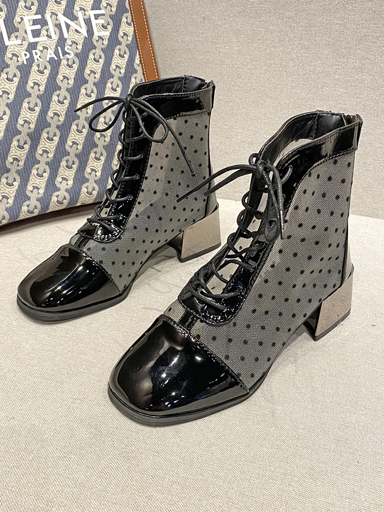 

British Fashion Polka Dot Pattern Zipper Temperament Ladies Martin Boots Summer Thin Hot-Selling High-Heeled Short-Tube Net Boot