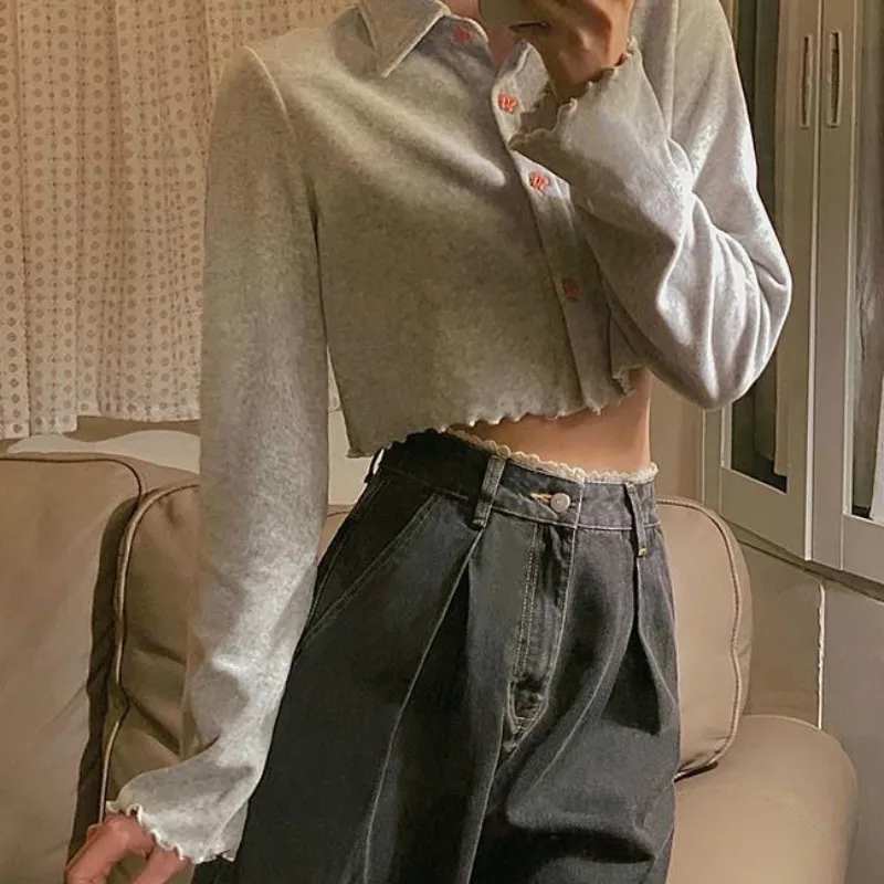 

Lace Vintage Wide-leg Women Jeans Harajuku Spring Trendy High Waist Loose Chic Full Length Leisure Students Streetwear Cowboy