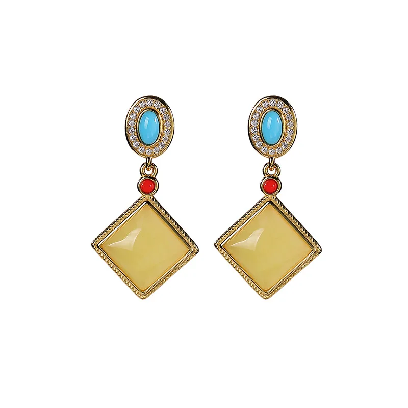 

S925 sterling silver gold-plated natural beeswax turquoise stud earrings retro diamond earring pendant for ladies earrings