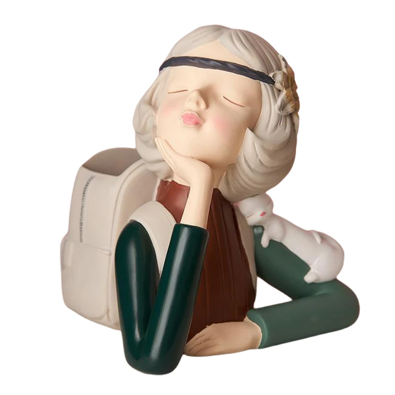 

Resin Character Sculpture Girl Pen Holder Stationery Modern Home Decor Study Room Children's Bedroom Desktop Decorations