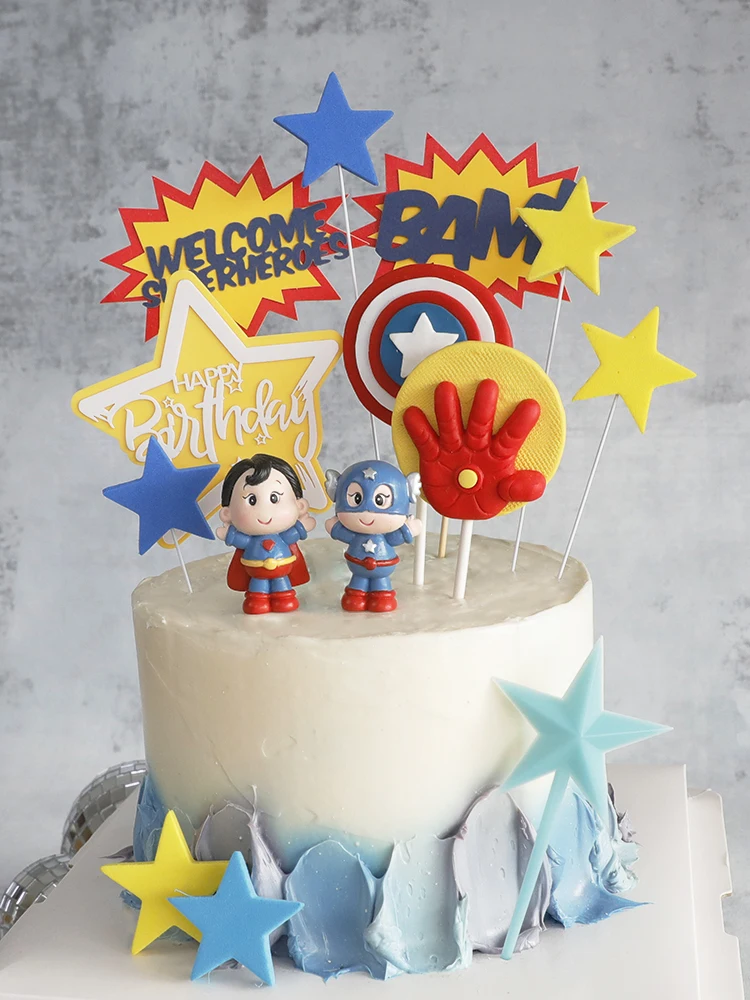 

Cute Cartoon Hero Theme Toy Mini Figurine Doll Happy Birthday Gift For Boy Badge Cake Topper Dessert Plug-in Party Decoration