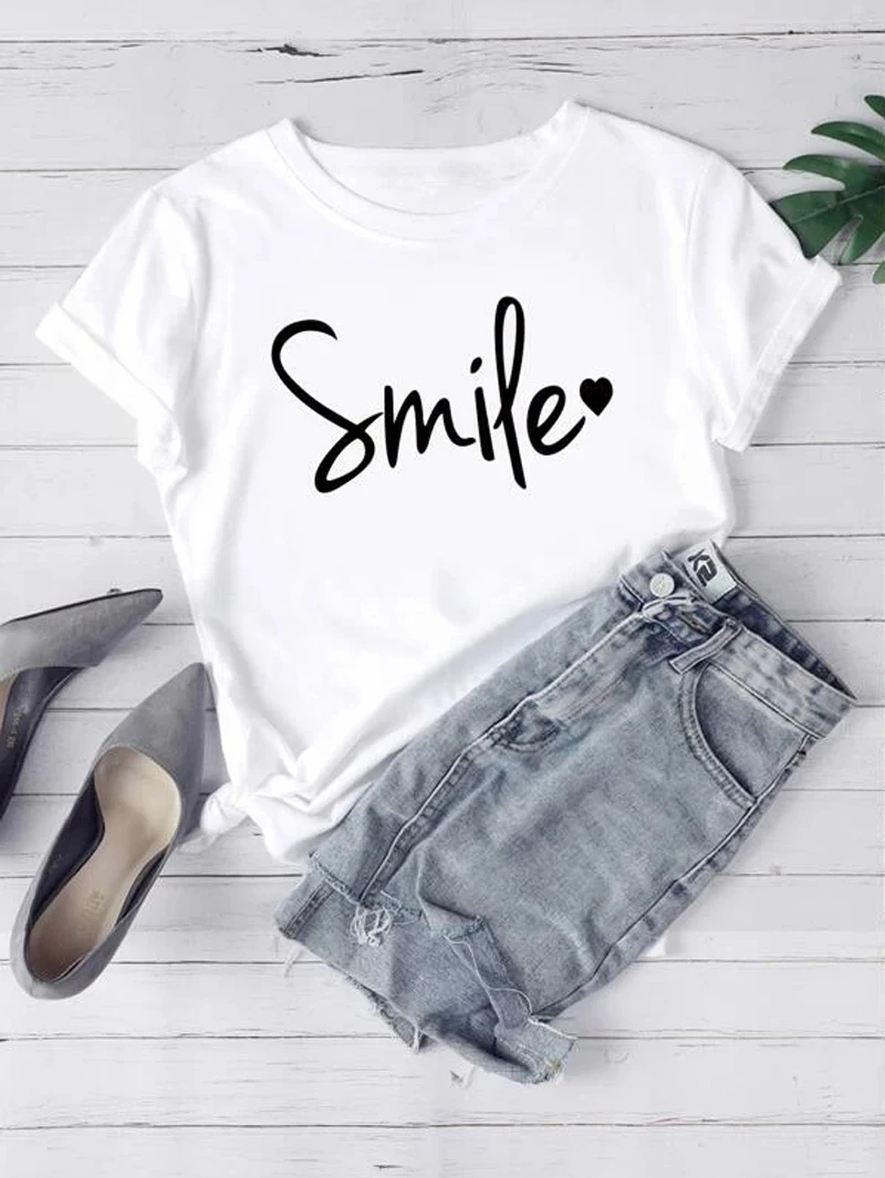 

Smile Printed T Shirt Women Harajuku Style 100% Cotton Short Sleeve O-neck Aesthetic Graphic Tee Hipster Grunge Tops Women 2020