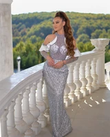 silver elegant halter lllusion ruched long form evening dresses beading pearls tulle mermaid night dress robe femme