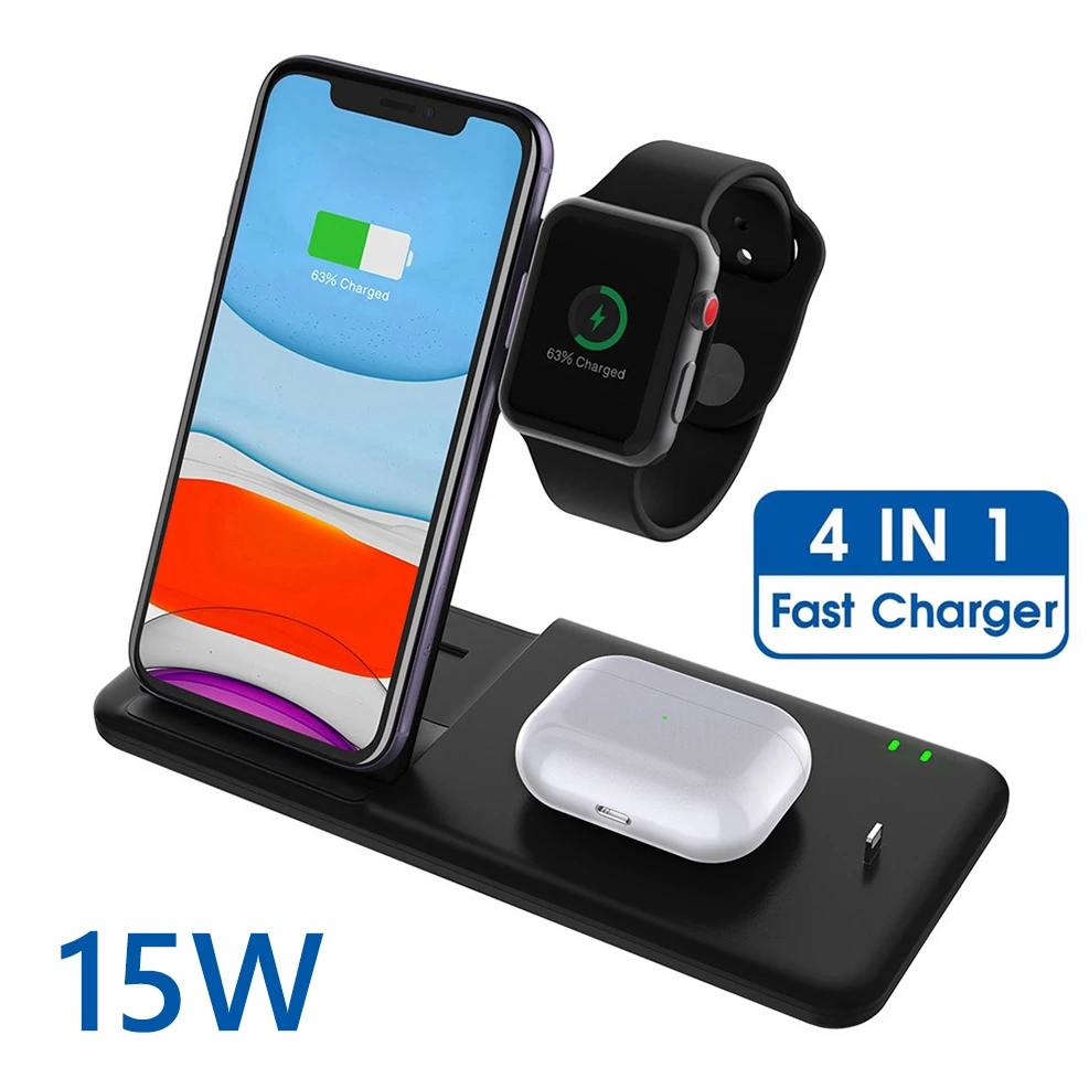 Беспроводная зарядная станция 4 в 1, 15 Вт, для iPhone 11 XS XR X 8P AirPods Pro Apple Watch 5 4 3 2