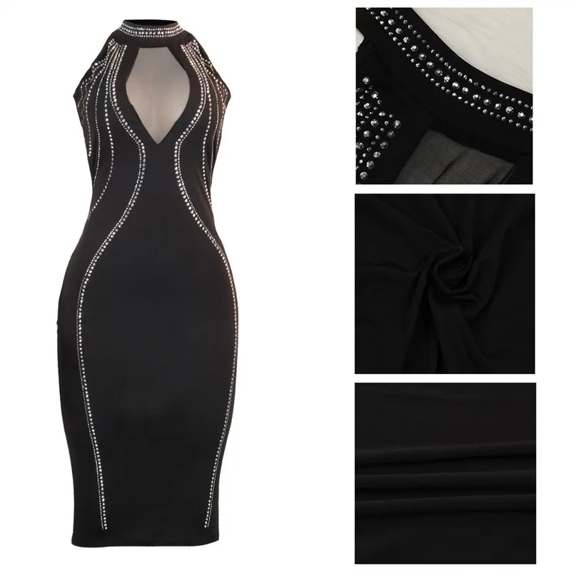 

2020 New Women Dress Sleeveless Sexy Slim Diamonds Decorate Clothes Fashion Female O-Neck Pullover Dresses