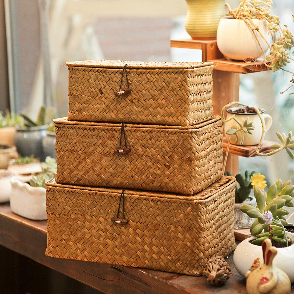 

1 PC Weed Environmentally Natural Color Hand Weaving Rattan Storage Baskets Box Cosmetic Product Clothing