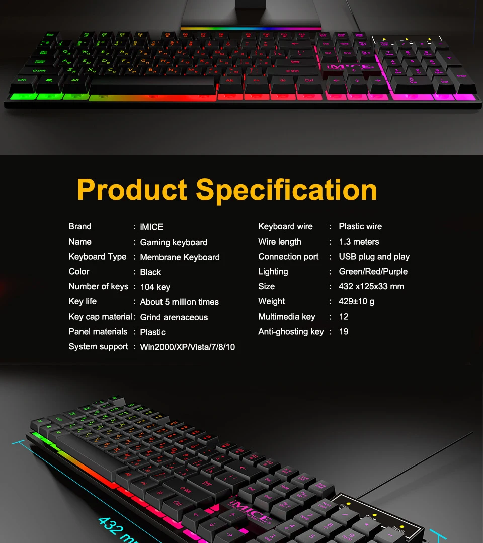 IMice игровая клавиатура имитация механическая клавиатура с подсветкой русская геймерская Клавиатура проводная USB игровая клавиатура для компьютера