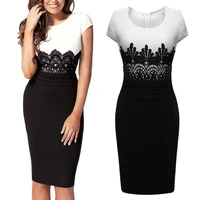 50 hot sale women sexy short sleeve lace patchwork color block knee length bodycon temperament womens dress