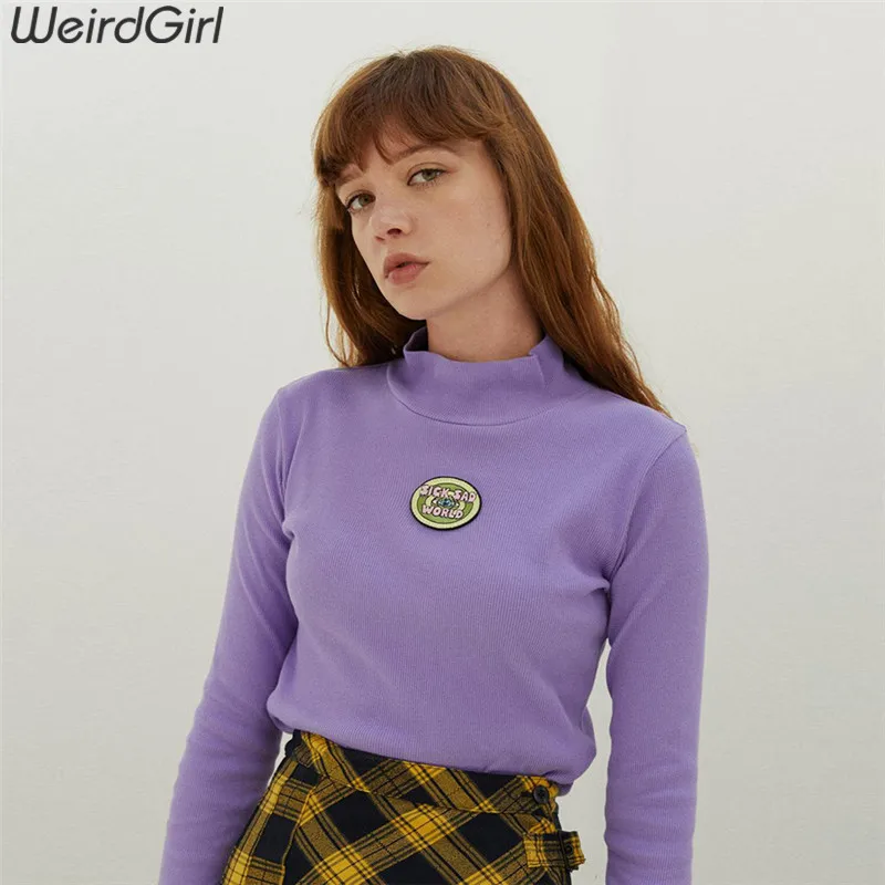 Weirdgirl Женская Повседневная модная Водолазка с длинным рукавом фиолетовые Осенние футболки с надписями элегантные свитшоты Женский Пуловер Свободный