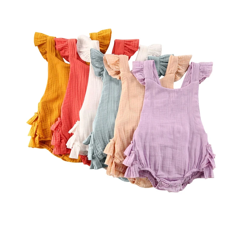 

Baby Girls Summer Clothing 100% Cotton Ruffles Rompers Sleeveless Backless Sunsuit Solid Jumpsuit Outfit