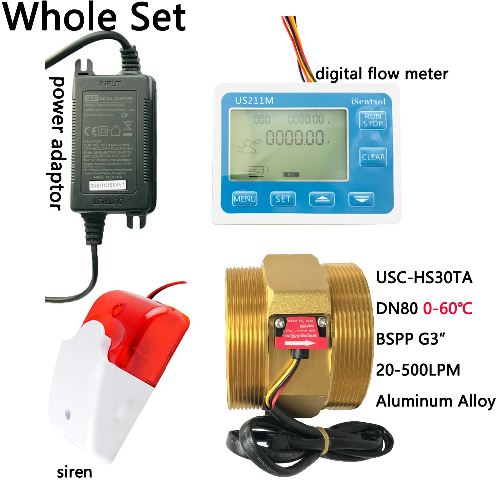 

US211MA Water Flow Meter Totalizer Alarmer and USC-HS30TA DN80 Liquid Flow Senor Turbine Flowmeter G3" BSPP Dijiang
