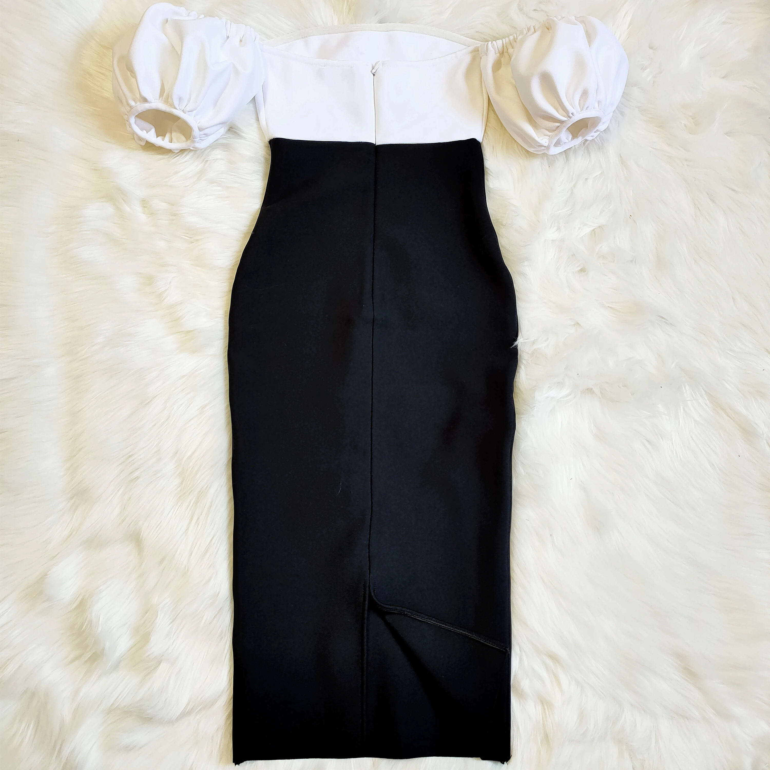 

New 2020 Women Bandage Dress Elegant Off Shoulder Ruffle Lantern Short Sleeve Patchwork Split Bodycon Dress Vestidos Party Sexy