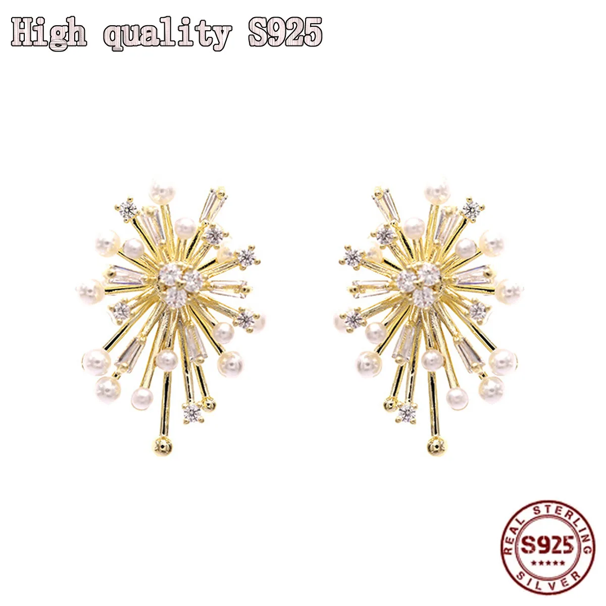 

High Quality S925 Silver Needle Exquisite Crystal Fireworks Pearl Earrings Sweet Romantic Lady Earrings Gift Pearl Earrings