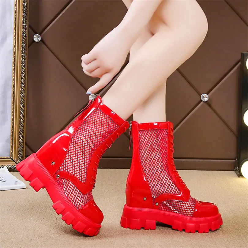 

Ankle Boots Women's Patent Leather Hidden Wedges Platform Summer Boots Female Sandals Round Toe Oxfords Pumps