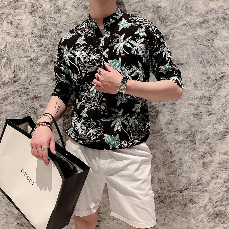 

Half Summer 2020 Sleeve Crown Print Dress Shirts Streetwear Social Casual Slim Shirt Camisa Masculina Luxury Baroque Shirt Men