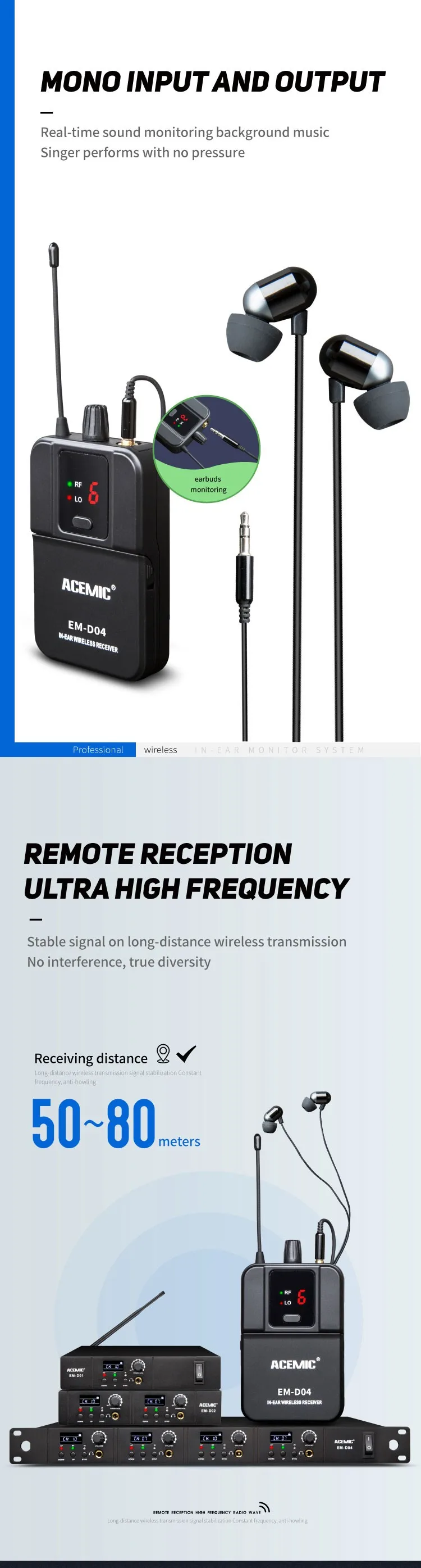 Выпуск Acemic EM-D02 Двухканальный беспроводной монитор в уши система поясной микрофон для выступления на сцене конференции