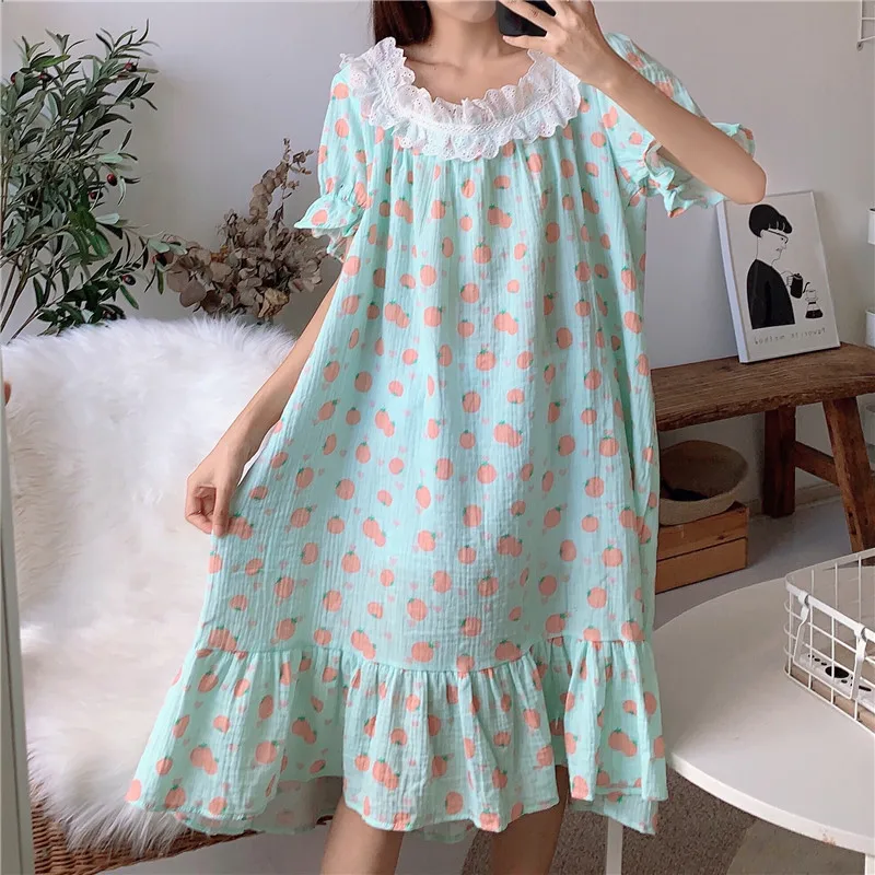 

CBAFU orange print crepe full cotton dress homewear women nightgowns short sleeve summer nightdress vestidos lacework cute M944