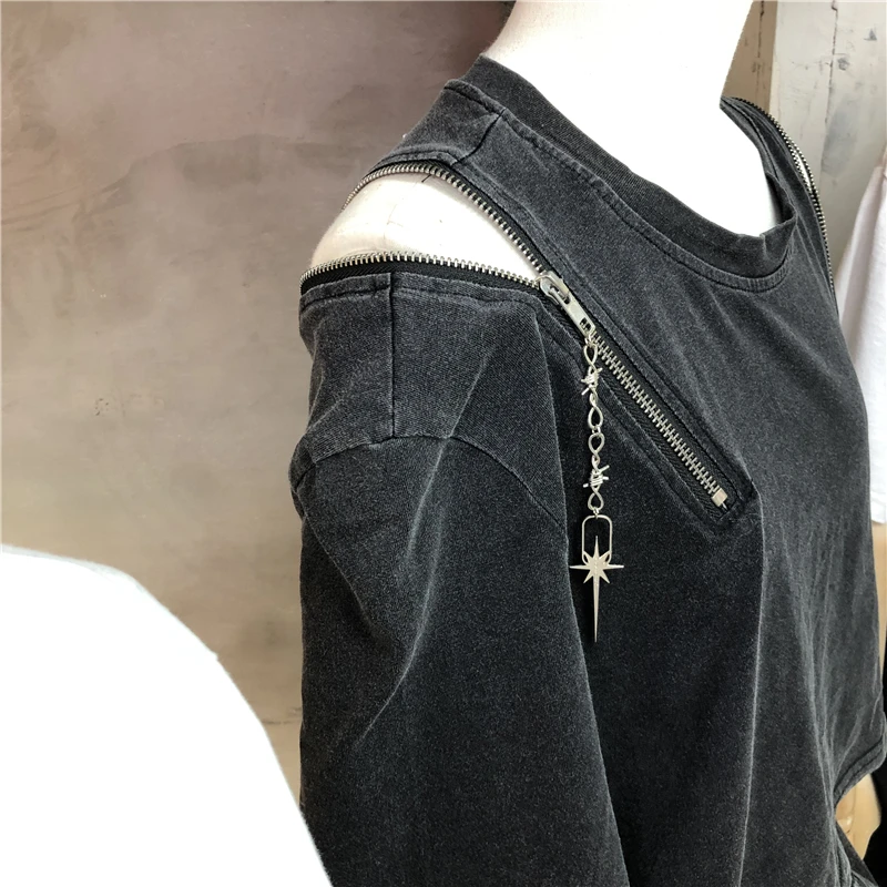 

Zipper Design Ladies Top 2021 Summer New Loose Slimming Short Streetwear Temperament Distressed Short Sleeve T-shirt for Women