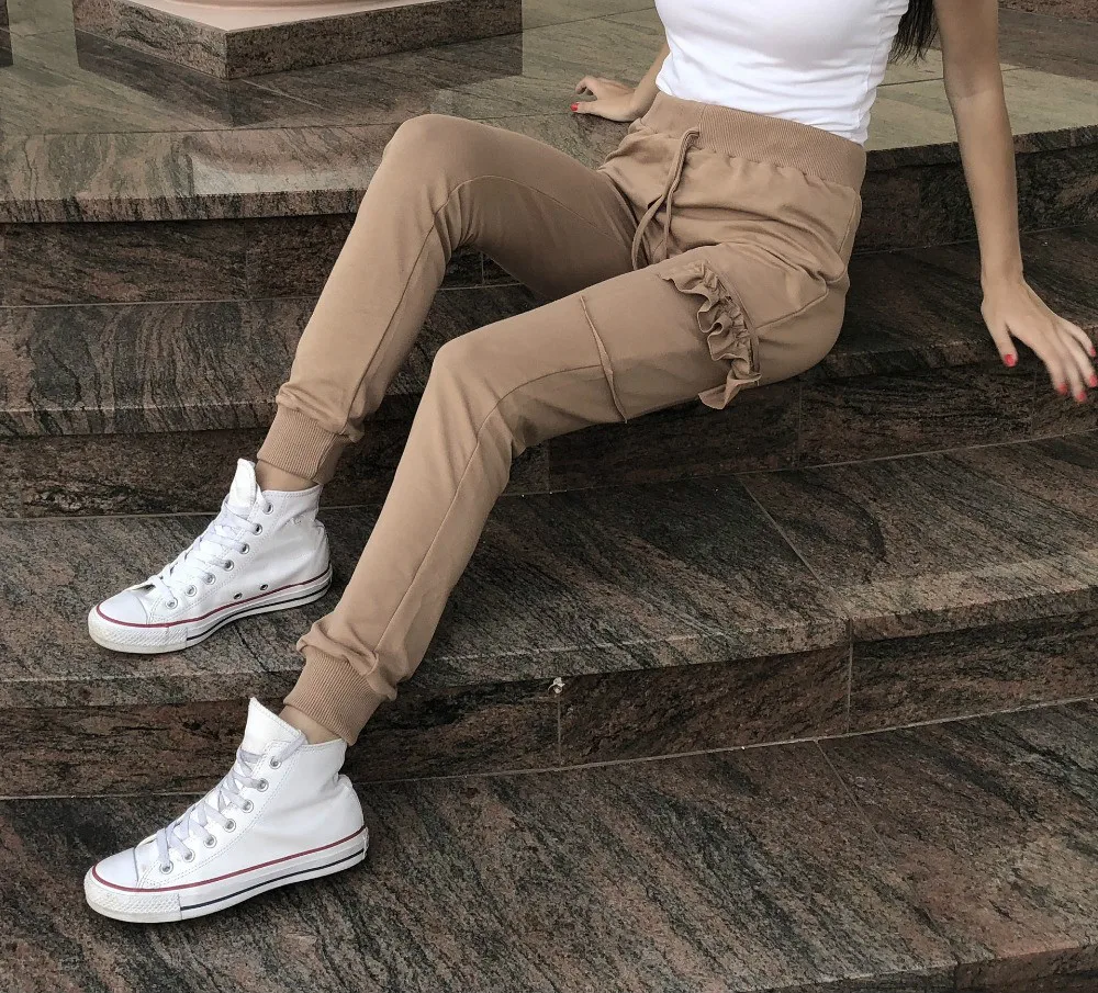 Модные крутые женские штаны шаровары цвета хаки розовые до щиколотки спортивные