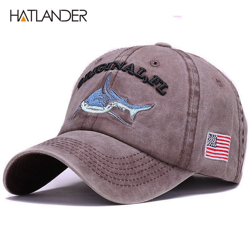 brown HATLANDER Модная хлопковая бейсбольная Кепка с вышивкой Акула мужская шляпа винтажная Спортивная шляпа Открытый gorras регулируемая хип-хоп кепка - Цвет: brown