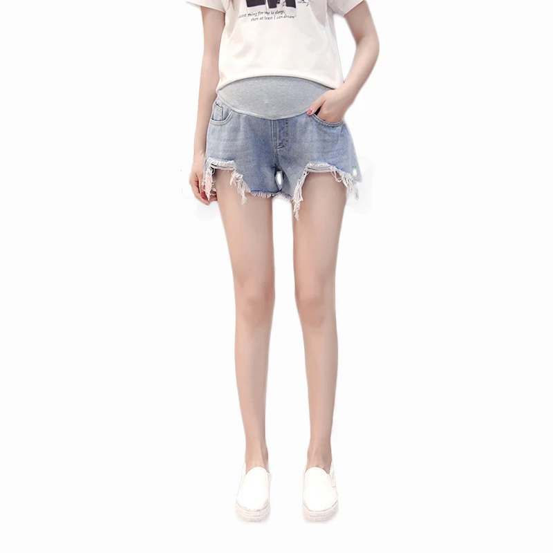 

1026# Summer Denim Maternity Short Jeans Adjustable Belly Casual Shorts for Pregnant Women Ripped Hole Loose Pregnancy Shorts