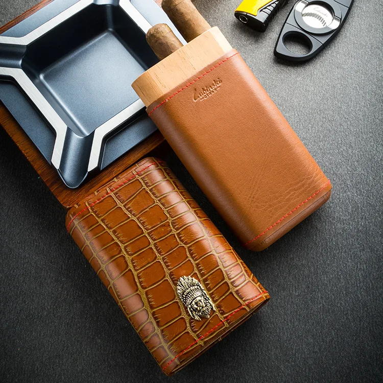 Портативный контейнер для сигар из натуральной кожи с 3 трубками кедровый