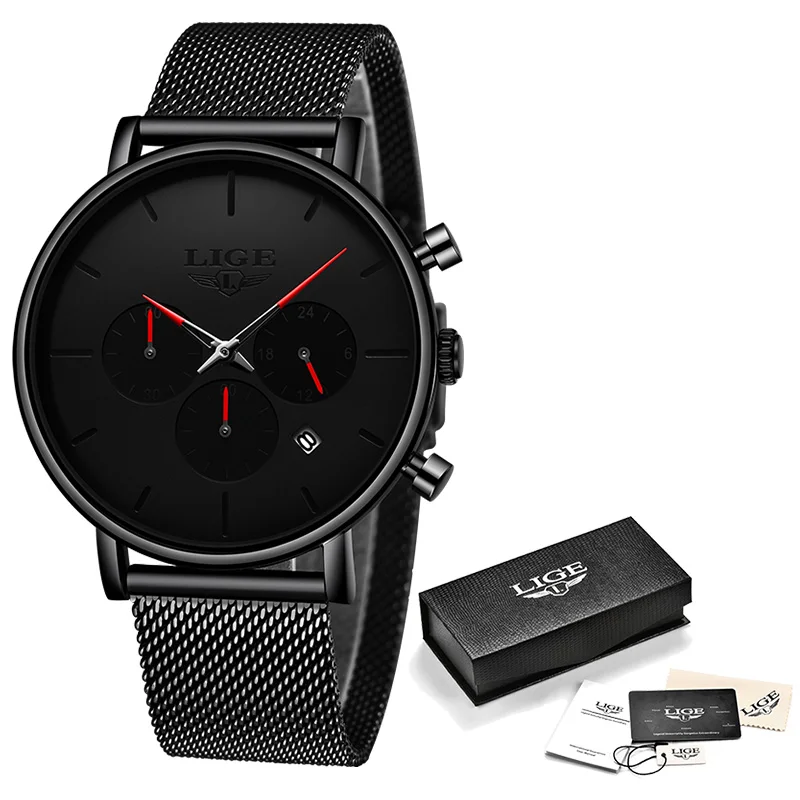 Relojes LIGE мужские часы из сетчатой стали, модные брендовые Роскошные спортивные ультра-тонкие кварцевые часы, мужские повседневные водонепроницаемые часы с датой