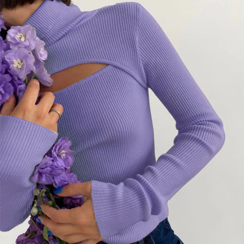 

Autumn Knitted Turtleneck Elastic Hollow Out Long Sleeve Tees Sexy Women Tops 2021 Fashion Beige Cropped T Shirts Dropshipping