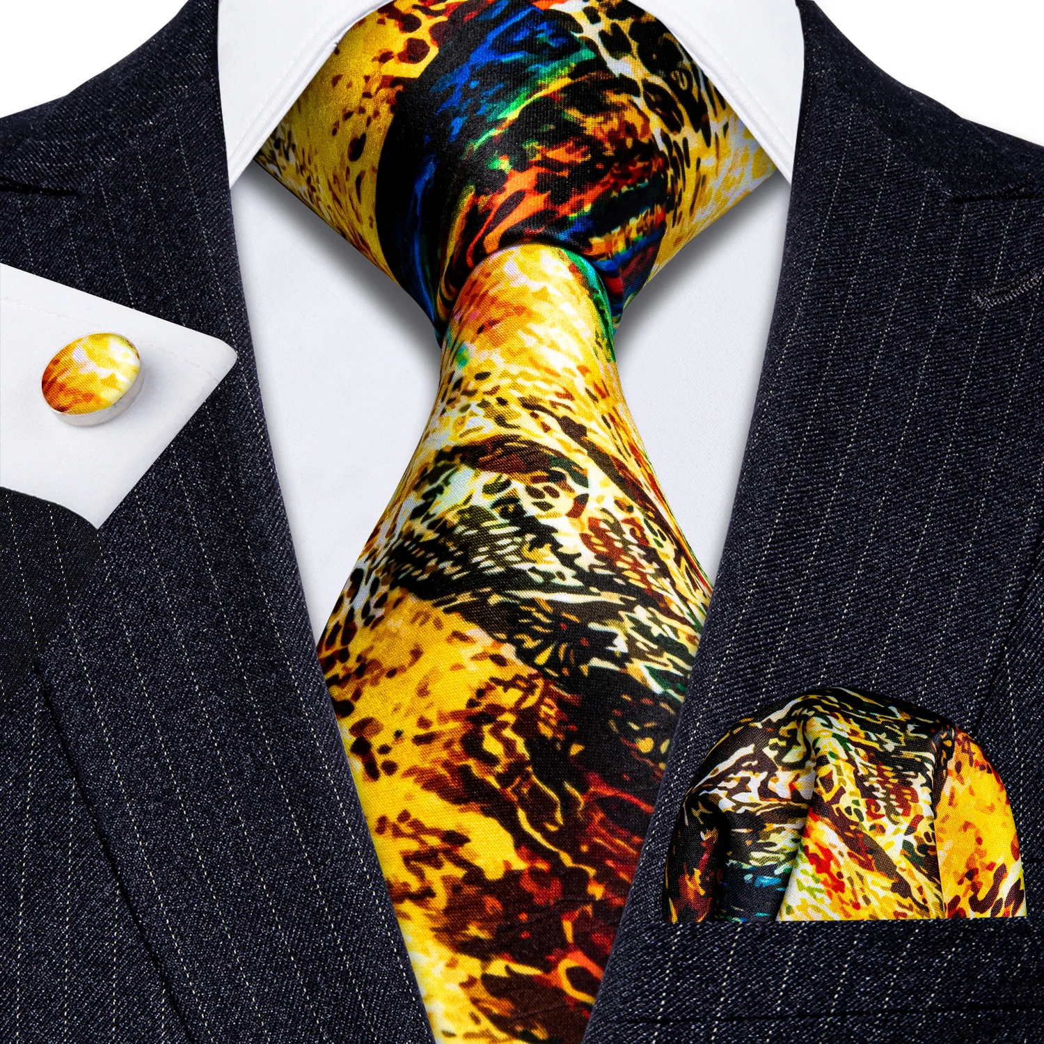 Фото Желтый галстук с леопардовым принтом 100% шелковый для мужчин бизнес Подарочная