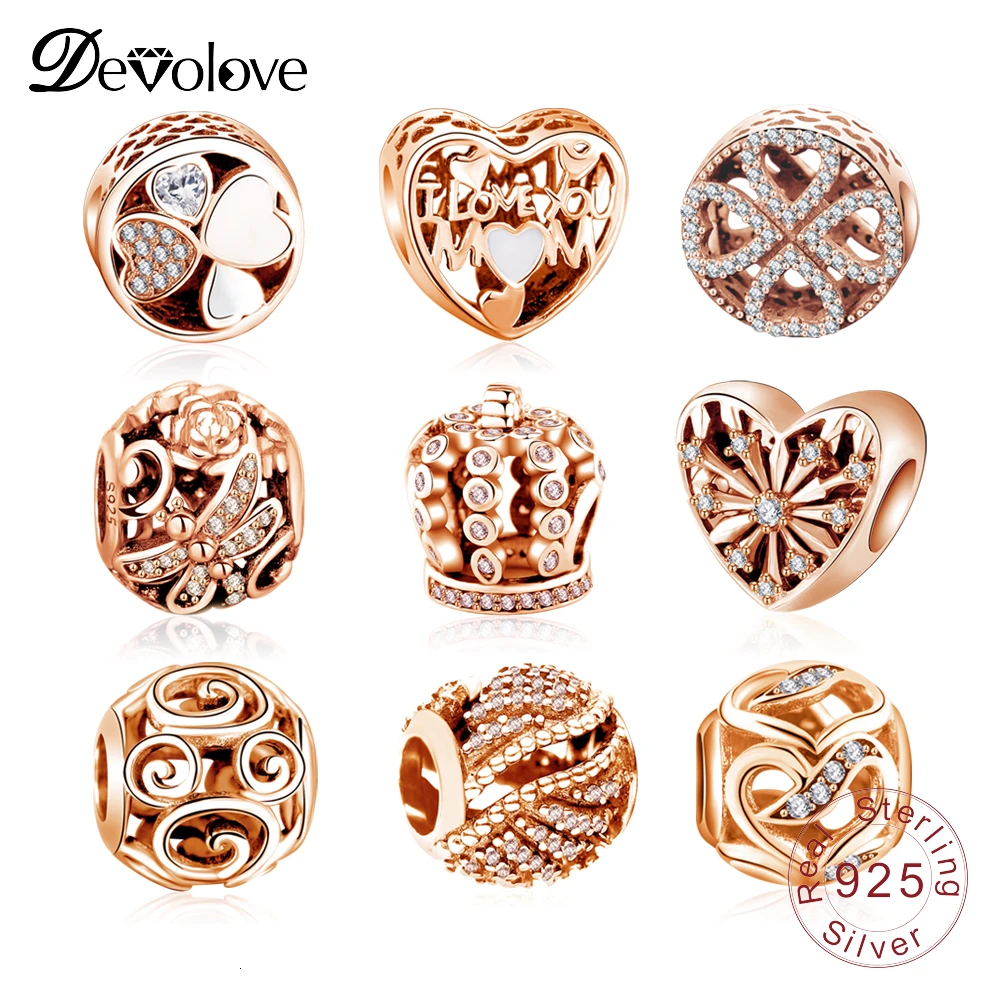 Devolove модные розовые золотые талисманы настоящий серебряные бусины 925 пробы Fit