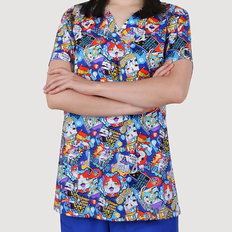SCRUB TOP 11 Женский костюм медика с цветочным принтом, топы из хлопка, больничная медицинская униформа, v-образный вырез, летний топ для кормления, рабочая одежда - Цвет: SCRUB TOP 11