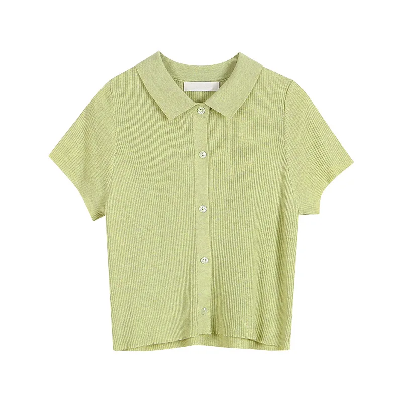

Turn Down Collar Short Sleeve Knit Thin Sweaters Women's Summer 2021 New Short Tops Slim Fit Single Breasted Casual Cardigans